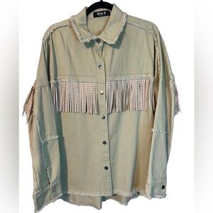 NWOT Blue B Western Fringe and Studded Snap Denim Jacket Cream Women’s Large